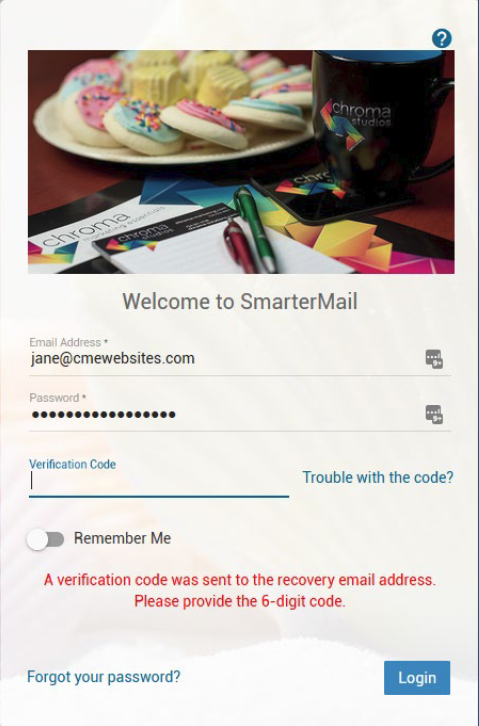 Smartermail webmail screen with 2FA